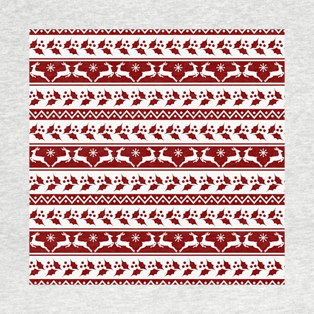 Dark Christmas Candy Apple Red Nordic Reindeer Stripe in White by podartist